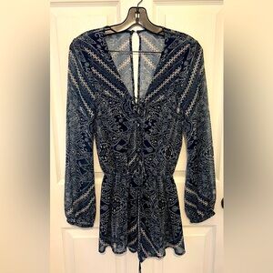 TJD THE JETSET DIARIES Women's Blue Moroccan Print V-Neck Long Sleeve Romper